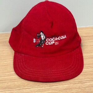 Vintage Coca Cola Cup Corduroy Snapback Hat Red Skiing USA Made "The Winner"